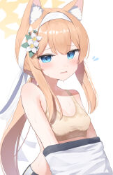 Rule 34 | 1girl, animal ear fluff, animal ears, bare shoulders, blue archive, blue eyes, blush, bra, breasts, cleavage, commentary, flower, flying sweatdrops, fox ears, fox girl, hair flower, hair ornament, hair ribbon, hairband, halo, highres, mari (blue archive), mari (track) (blue archive), nervous sweating, orange hair, parted lips, ponytail, ribbon, shirt, sidelocks, simple background, small breasts, solo, sweat, takeroku, underwear, undressing, very sweaty, white background, white hairband, white ribbon, white shirt, yellow bra, yellow halo