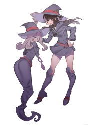 Rule 34 | 10s, 2girls, :d, arutera, ass, back, bad id, bad pixiv id, blush, boots, brown hair, clothes lift, eyelashes, hair over one eye, hand on own hip, hat, high heels, highres, kagari atsuko, little witch academia, long hair, multiple girls, open mouth, purple hair, simple background, skirt, skirt lift, smile, staff, sucy manbavaran, white background, witch, witch hat