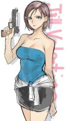 Rule 34 | 1girl, arm behind back, bare arms, bare legs, bare shoulders, black skirt, blue tube top, breasts, brown hair, capcom, character name, cleavage, closed mouth, clothes around waist, collarbone, female focus, fingerless gloves, gloves, gun, hand up, handgun, hat, highres, jill valentine, legs, lips, neck, pencil skirt, pistol, resident evil, resident evil 3, resident evil 3: nemesis, shadow, skirt, smile, solo, standing, strapless, sweater, sweater around waist, tetsu (kimuchi), tube top, weapon, white background