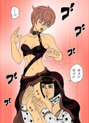 Rule 34 | 1boy, 1girl, blue eyes, bob cut, breasts, bruno bucciarati, choker, cleavage, collective-mind, frown, hair ornament, hairclip, jojo no kimyou na bouken, king crimson (stand), navel, open mouth, pervert, pink hair, short hair, small breasts, stand (jojo), translation request, trish una, v-shaped eyebrows, vento aureo