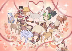 Rule 34 | 1girl, 2boys, acolyte (ragnarok online), animal ears, armored boots, blonde hair, blush, book, boots, brown capelet, brown footwear, brown gloves, brown hair, brown pants, brown pantyhose, brown shirt, brown skirt, capelet, cat, closed eyes, commentary request, desert wolf (ragnarok online), dog, double bun, flower, full body, gloves, green eyes, green hair, grey eyes, hair bun, hat, hat ornament, hatii (ragnarok online), heart, heart hat ornament, holding, holding book, holding wand, kobold (ragnarok online), kunknee, long sleeves, looking at another, mage (ragnarok online), multiple boys, open mouth, pants, pantyhose, rabbit ears, ragnarok online, red flower, shirt, short hair, skirt, smile, sparkle, swordsman (ragnarok online), wand, white headwear, wild robbit (mega man), witch hat