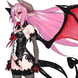 Rule 34 | 1girl, bare shoulders, black panties, black thighhighs, bochi (yamakan), breasts, cleavage, clenched hand, coattails, demon girl, demon horns, demon tail, demon wings, detached collar, elbow gloves, fingerless gloves, gloves, horns, long hair, looking afar, no pants, original, panties, pink hair, pointy ears, red eyes, revealing clothes, ribbon, scowl, side-tie panties, simple background, solo, tail, thighhighs, underwear, very long hair, white background, wind, wings