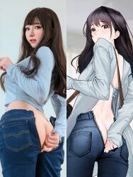 Rule 34 | 1girl, ass, ass zipper, bag, black eyes, blue pants, blue sweater, brown hair, butt crack, commentary, commentary request, denim, english commentary, from behind, handbag, highres, hitomi o, jeans, long hair, looking back, mixed-language commentary, original, pants, partially unzipped, photo-referenced, photo (medium), photo inset, pocket, real life, reference inset, second-party source, solo, sweater