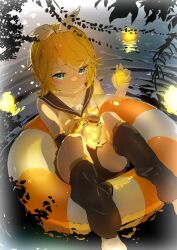 1girl aqua_eyes bare_shoulders black_leg_warmers black_sailor_collar black_shorts black_sleeves blonde_hair blush bottle bow branch corked_bottle detached_sleeves fireflies floating foliage hair_ornament hairclip holding holding_bottle holding_star kagamine_rin leaf leg_warmers lifebuoy light_particles qian_he_shui_cheng ripples rubber_duck sad sailor_collar shirt short_hair shorts sitting sleeveless sleeveless_shirt soaking_feet solo star_(symbol) swept_bangs swim_ring vocaloid white_bow white_footwear white_sneakers