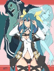 Rule 34 | 2girls, asymmetrical wings, belt, black panties, blue hair, breasts, choker, cleavage, closed eyes, detached sleeves, dizzy (guilty gear), guilty gear, guilty gear xrd, hair ribbon, highres, large breasts, long hair, mariebell, midriff, monster girl, multiple girls, navel, necro (guilty gear), panties, red eyes, ribbon, tail, thigh gap, thigh strap, thighs, twintails, underwear, undine (guilty gear), wings, yellow ribbon