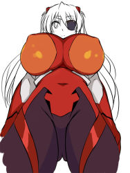 Rule 34 | 1girl, alternate breast size, bad id, bad pixiv id, blush, bodysuit, breast expansion, breasts, cosplay, covered erect nipples, evangelion: 3.0 you can (not) redo, eyepatch, from below, hairpods, huge breasts, interface headset, kamia (not found), long hair, looking down, matsuoka kiyone, neon genesis evangelion, original, partially colored, plugsuit, rebuild of evangelion, simple background, solo, souryuu asuka langley (cosplay), twintails, white background