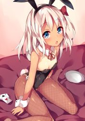 Rule 34 | 1girl, :o, animal ears, bare shoulders, black leotard, black pantyhose, blonde hair, blue eyes, bow, breasts, card, detached collar, fake animal ears, fishnet pantyhose, fishnets, hair bow, hairband, highres, indoors, kantai collection, leotard, long hair, looking at viewer, one-piece tan, open mouth, pantyhose, playboy bunny, playing card, rabbit ears, rabbit tail, red bow, ro-500 (kancolle), sitting, small breasts, solo, tail, tan, tanline, thighs, tray, unacchi (nyusankin), wariza