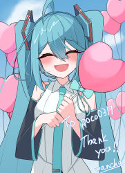 1girl ^_^ absurdres ahoge artist_name balloon black_sleeves blue_bow blue_hair blue_necktie blush bow closed_eyes commentary commission detached_sleeves english_commentary facing_viewer hair_between_eyes happy hatsune_miku heart heart_balloon highres holding holding_balloon long_hair long_sleeves mixed-language_commentary necktie open_mouth shirt signature skeb_commission sleeveless sleeveless_shirt smile solo thank_you tie_clip twintails upper_body vocaloid wancha2000 white_shirt