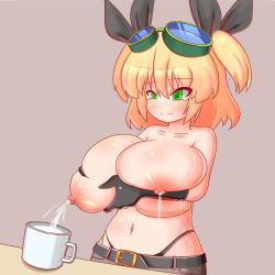 Rule 34 | 1girl, belt, black gloves, blonde hair, blush, bow, grabbing another&#039;s breast, breasts, breasts squeezed together, crying, cup, gbc adp, gloves, goggles, goggles on head, grabbing, grabbing own breast, green hair, hair between eyes, hair bow, huge breasts, lactating into container, lactation, medium hair, milk, navel, original, sidelocks, solo, tears, thong, topless, twintails, wavy mouth