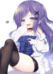 Rule 34 | 1girl, :d, black choker, black skirt, black thighhighs, blue eyes, breasts, choker, collarbone, collared shirt, commentary request, crossed legs, feet out of frame, hair ornament, hairclip, heart, highres, kokone (coconeeeco), long hair, long sleeves, looking at viewer, open clothes, open mouth, open shirt, original, parted bangs, ponytail, purple hair, shirt, sitting, skirt, sleeves past fingers, sleeves past wrists, small breasts, smile, solo, strapless, teeth, thighhighs, upper teeth only, very long hair, white background, white shirt, x hair ornament