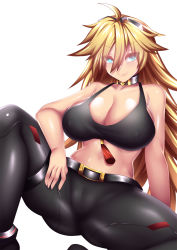 Rule 34 | 1girl, ahoge, bare shoulders, blonde hair, blue eyes, breasts, cameltoe, cleavage, collar, covered erect nipples, elsword, fi-san, hand rest, highres, large breasts, long hair, looking at viewer, midriff, navel, pants, rose (elsword), shiny skin, simple background, sitting, smile, solo, spread legs, tank top, tempest burster (elsword)