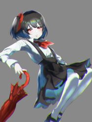 Rule 34 | 1girl, ascot, black footwear, black hair, black skirt, blush, chromatic aberration, closed mouth, collared shirt, colored skin, commentary, cookie (touhou), full body, hair ribbon, high heels, highres, holding, holding umbrella, johnnyyyyy, long sleeves, looking at viewer, red ascot, red eyes, red ribbon, ribbon, shirt, side ponytail, simple background, siyudi (cookie), skirt, solo, suspender skirt, suspenders, umbrella, white shirt, white skin