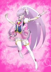 Rule 34 | 1girl, :d, aino megumi, blue eyes, boots, bow, brooch, cosplay, cure lovely, cure lovely (cosplay), cure moonlight, happinesscharge precure!, heart, heart brooch, heartcatch precure!, jewelry, light purple hair, long hair, magical girl, open mouth, pink background, pink bow, pink skirt, ponytail, precure, skirt, smile, solo, thigh boots, thighhighs, tsukikage oyama, tsukikage yuri, very long hair, white footwear, white thighhighs, wide ponytail, zettai ryouiki