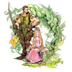 Rule 34 | 1boy, 1girl, bare arms, bare shoulders, beard, blonde hair, boots, bow, brown eyes, brown hair, dress, facial hair, fantasy earth zero, gloves, hair ornament, highres, hirooka masaki, holding, long hair, official art, pink dress, plant, pointy ears, rod, sacred queen tivarece, sandals, serious, sitting, sleeveless, smile, standing, toes, tree stump, vines, winvene
