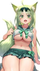 Rule 34 | 1girl, ahoge, animal ear fluff, animal ears, bow, bowtie, breasts, crop top, fangs, female focus, fox ears, fox girl, fox tail, green bow, green bowtie, green eyes, green hair, green skirt, hair bow, highres, large breasts, legs together, long hair, looking at viewer, matching hair/eyes, miniskirt, mitake eil, navel, open mouth, original, pleated skirt, sailor collar, sitting, skin fangs, skirt, sleeveless, solo, tail, thighs, underboob, wide hips