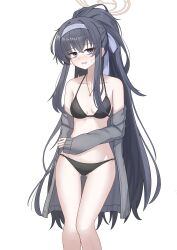 Rule 34 | 1girl, absurdres, averting eyes, bikini, black bikini, black hair, blue archive, blush, breasts, coat, crossed bangs, embarrassed, eyes visible through hair, feet out of frame, gluteal fold, grey coat, groin, hair ribbon, hairband, highres, jewelry, long hair, mollra, necklace, nose blush, o-ring, off shoulder, official alternate costume, open clothes, open coat, open mouth, purple eyes, purple hairband, purple ribbon, ribbon, sidelocks, simple background, sleeves past wrists, small breasts, solo, standing, sweatdrop, swimsuit, ui (blue archive), ui (swimsuit) (blue archive), very long hair, wavy mouth, white background