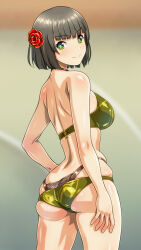 Rule 34 | 1girl, anime coloring, ass, atelier (series), atelier firis, back, bare arms, bikini, breasts, closed mouth, cowboy shot, drossel weissberg, flower, green eyes, grey hair, hair flower, hair ornament, hand on own hip, large breasts, layered bikini, looking at viewer, monteriakitto, nape, red flower, short hair, sideboob, smile, solo, swimsuit, thighs, whale tail (clothing), yellow bikini