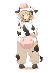 Rule 34 | 1girl, animal costume, animal ears, bad id, bad pixiv id, blush, brown eyes, brown hair, chinese zodiac, closed mouth, cow costume, cow ears, cow hood, cow horns, cow tail, fake animal ears, fake horns, fake tail, full body, hood, hood up, horns, idolmaster, idolmaster cinderella girls, long sleeves, looking away, looking to the side, morikubo nono, ringlets, shadow, sleeves past fingers, sleeves past wrists, solo, standing, tail, uccow, white background, year of the ox