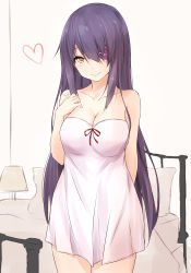 Rule 34 | 10s, 1girl, alternate hair length, alternate hairstyle, arm behind back, bare shoulders, bed, bedroom, breasts, cleavage, collarbone, dress, eyepatch, hair over one eye, hand on own chest, heart, highres, kantai collection, large breasts, long hair, looking at viewer, nightgown, purple hair, saku (kudrove), smile, solo, spoken heart, tenryuu (kancolle), upper body, white dress, yellow eyes