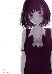 Rule 34 | 1girl, 2017, absurdres, blush, bow, bowtie, closed mouth, collarbone, collared shirt, dated, highres, kuzu no honkai, kyota07, looking at viewer, monochrome, negative space, open collar, school uniform, shirt, short hair, short sleeves, simple background, skirt, solo, upper body, vest, wavy mouth, white background, yasuraoka hanabi