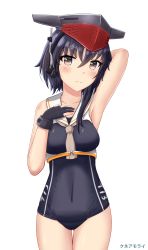 Rule 34 | arm behind head, armpits, asymmetrical hair, black hair, black one-piece swimsuit, breasts, brown eyes, collarbone, crop top, framed breasts, gloves, gluteal fold, hair between eyes, hand on own chest, hat, headphones, highres, i-13 (kancolle), kantai collection, kuneamorai, looking at viewer, medium breasts, one-piece swimsuit, partially fingerless gloves, sailor collar, school swimsuit, short hair, simple background, single glove, solo, swimsuit, swimsuit under clothes, white background, white sailor collar