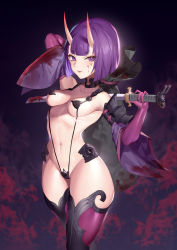 Rule 34 | 1girl, blood, bob cut, breasts, choker, detached sleeves, fangs, fate/grand order, fate (series), gloves, highres, horns, jingb dx, katana, latex, latex gloves, makeup, mascara, medium breasts, oni, purple eyes, purple hair, revealing clothes, sack, short hair, shuten douji (fate), skin-covered horns, smile, string, sword, thick thighs, thighs, weapon, wide hips