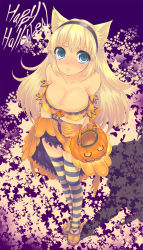 Rule 34 | 1girl, animal ears, bad id, bad pixiv id, blonde hair, blue eyes, blush, breasts, cat ears, cleavage, hairband, halloween, happy halloween, highres, large breasts, long hair, original, purple background, sakurai unan, solo, star (symbol), starry background, striped clothes, striped thighhighs, thighhighs, very long hair