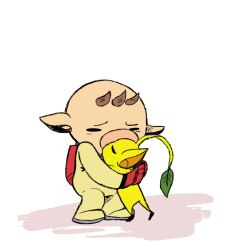 Rule 34 | 1boy, alien, arms around waist, backpack, bag, bent over, big nose, brown hair, closed mouth, colored skin, commentary, covered mouth, english commentary, gloves, highres, hug, leaf, male focus, nintendo, no headwear, no mouth, olimar, pikmin (creature), pikmin (series), pointy ears, red bag, red gloves, sad, shadow, short hair, spacesuit, urfbownd, very short hair, white background, yellow pikmin, yellow skin