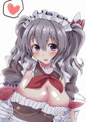 Rule 34 | 10s, 1girl, apron, blush, breasts, chan (akuty ikkot), cleavage, cup, dress, drinking glass, gloves, heart, highres, holding, holding cup, holding drinking glass, kantai collection, kashima (kancolle), maid, maid apron, maid headdress, open mouth, purple eyes, silver hair, solo, spoken heart, twintails, white gloves, wine glass
