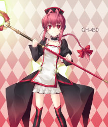 Rule 34 | 1girl, android, antenna hair, armband, black dress, blush, boots, bow, braid, character name, checkered background, choker, dress, energy weapon, flat chest, frilled skirt, frills, gh-450, glowing, hair bow, hat, light smile, long hair, long sleeves, looking at viewer, nu (plastic eraser), partner machine, phantasy star, phantasy star universe, pink eyes, pink hair, ponytail, puffy sleeves, red eyes, red hair, red theme, robot ears, single braid, skirt, smile, solo, staff, standing, thigh boots, thighhighs, zettai ryouiki