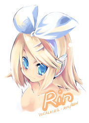 Rule 34 | 1girl, :3, amanooni touri, blonde hair, blue eyes, bow, character name, hair bow, hair ornament, hairclip, headphones, kagamine rin, short hair, simple background, solo, vocaloid, white background