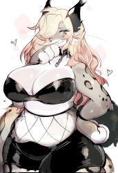 Rule 34 | animal ears, animal hands, blonde hair, blue eyes, bracelet, breasts, chain, cleavage, collar, crop top, fishnets, furry, furry female, grey fur, hand on own hip, heart, highres, huge breasts, jewelry, leopard ears, leopard girl, long hair, midriff, multicolored hair, navel, original, pink hair, plump, seductive smile, shorts, smile, thick thighs, thighs, usa37107692, whiskers, white fur, wide hips