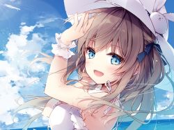 Rule 34 | 1girl, :d, arm up, bare shoulders, blue bow, blue eyes, blue sky, blush, bow, breasts, brown hair, cloud, cloudy sky, commentary request, day, dress, fingernails, hair between eyes, hair bow, hand up, hat, horizon, long hair, looking at viewer, looking to the side, medium breasts, mochizuki shiina, ocean, one side up, open mouth, original, outdoors, sky, sleeveless, sleeveless dress, smile, solo, sun hat, sundress, water, white dress, white hat, wrist cuffs