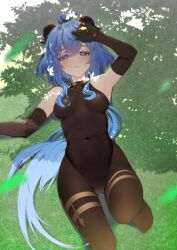 1girl ahoge armpits arms_up black_gloves black_leotard blue_hair blush bodystocking bodystocking_only breasts covered_navel elbow_gloves feet ganyu_(genshin_impact) genshin_impact gloves gluteal_fold grass hand_on_own_face highres horns jewelry knee_up leotard leotard_under_clothes long_hair looking_at_viewer lying medium_breasts nigo_(aozoragarou) no_shoes on_back outdoors pantyhose parted_lips purple_eyes sidelocks sleeveless solo thighlet thighs tree_shade