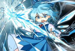 Rule 34 | 1girl, blue bow, blue dress, blue eyes, blue hair, bow, breasts, cirno, collared shirt, cryokinesis, dress, fairy, frozen, hair bow, highres, holding, holding weapon, ice, ice wings, looking down, neck ribbon, open mouth, pinafore dress, puffy short sleeves, puffy sleeves, red ribbon, ribbon, shirt, short hair, short sleeves, sleeveless, sleeveless dress, small breasts, solo, teeth, touhou, touhou lost branch of legend, tuck (tuck23978434), upper teeth only, weapon, white shirt, wings
