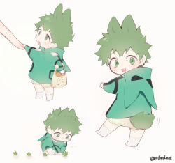 Rule 34 | 1boy, adapted costume, aged down, animal ears, bag, bloomers, blush, boku no hero academia, carrot, child, commentary, freckles, full body, green eyes, green hair, green hoodie, holding, holding bag, holding hands, hood, hood down, hoodie, kemonomimi mode, kneeling, long sleeves, looking back, male focus, meltnotmelt, midoriya izuku, open mouth, out of frame, plant, print bag, rabbit boy, rabbit ears, rabbit tail, short hair, simple background, sitting, smile, socks, symbol-only commentary, tail, twitter username, underwear, white background, white socks