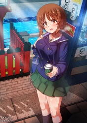 Rule 34 | 1girl, blush, breasts, brown eyes, brown hair, girls und panzer, highres, large breasts, looking at viewer, megadeko, nishizumi miho, ooarai school uniform, open mouth, outdoors, school uniform, short hair, smile, solo