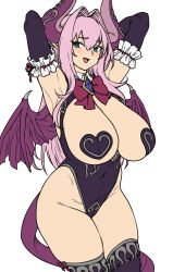 Rule 34 | 1girl, armpits, arms up, blush, breasts, cattleya (houtengeki), demon girl, demon wings, green eyes, heart pasties, highleg, highleg leotard, highres, horns, houtengeki, large breasts, leotard, long hair, looking at viewer, open mouth, original, pasties, purple hair, purple leotard, purple thighhighs, simple background, smile, solo, thighhighs, thighs, white background, wings