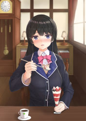 Rule 34 | 1girl, black hair, black jacket, blazer, blue eyes, blurry, blurry background, blush, bow, bowtie, clock, coffee, collared shirt, commentary request, cup, curtains, grandfather clock, hair ornament, half updo, highres, holding, holding spoon, indoors, irise, jacket, lamp, light frown, long hair, long sleeves, looking at viewer, nijisanji, nose blush, parfait, parted lips, pink bow, pink bowtie, plaid, pov across table, school uniform, shirt, sitting, solo, spoon, table, teacup, tsukino mito, tsukino mito (1st costume), upper body, virtual youtuber, window