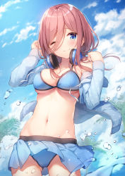 Rule 34 | 1girl, bare shoulders, bikini, bikini under clothes, blue bikini, blue eyes, blue jacket, blue skirt, blue sky, breasts, brown hair, cleavage, closed mouth, cloud, cloudy sky, commentary request, cowboy shot, day, drawstring, gluteal fold, go-toubun no hanayome, hair between eyes, hands up, headphones, headphones around neck, highres, jacket, large breasts, long hair, long sleeves, looking at viewer, miniskirt, nakano miku, navel, nijihashi sora, off shoulder, one eye closed, open clothes, open jacket, outdoors, palm tree, pleated skirt, sidelocks, skirt, sky, smile, solo, standing, stomach, swimsuit, tree, water