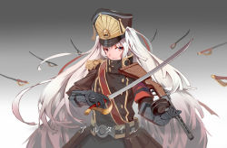Rule 34 | 0cr, 1girl, altair (re:creators), brown eyes, floating hair, gauntlets, gradient background, grey background, gun, hat, highres, holding, holding sword, holding weapon, long hair, looking at viewer, military, military hat, military uniform, re:creators, rifle, saber (weapon), silver hair, solo, sword, uniform, very long hair, weapon