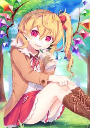 Rule 34 | 1girl, :d, absurdres, alternate costume, boots, bow, brown jacket, clothes between thighs, commentary request, contemporary, cross-laced footwear, dress shirt, fang, flandre scarlet, frilled skirt, frills, grass, gunjou row, hair bow, highres, jacket, long sleeves, on ground, open mouth, red eyes, shirt, side ponytail, sitting, skirt, slit pupils, smile, touhou, tree, white shirt, wings