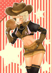 Rule 34 | 1girl, 2000s (style), archived source, belt, belt buckle, black thighhighs, blonde hair, blush, boned meat, breasts, brown belt, brown eyes, brown gloves, brown shorts, buckle, chain, cowboy hat, crop top, food, food bite, gloves, hand on own hip, hand up, hat, holding, juliet sleeves, leg belt, legs together, lileas, long sleeves, mabinogi, meat, medium breasts, navel, open mouth, orange ribbon, outline, puffy sleeves, ribbon, shararan, short hair, shorts, sleeve ribbon, solo, standing, star (symbol), teeth, thighhighs, thighs, upper teeth only, white outline