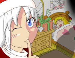 Rule 34 | 2girls, alice margatroid, bed, blue eyes, borapy, box, calendar, calendar (object), chest of drawers, cursive, drooling, english text, face, finger to mouth, gift, gift box, hat, indoors, looking at viewer, mirror, multiple girls, one eye closed, rug, santa hat, shadow, shinki (touhou), side ponytail, silver hair, sleeping, touhou, touhou (pc-98), under covers, wooden floor