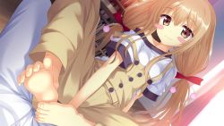Rule 34 | 1girl, :3, barefoot, blonde hair, blush, blush stickers, chiyoda mari, disembodied blush, eyebrows, feet, game cg, jpeg artifacts, koiken otome, long hair, looking at viewer, overalls, sitting, sitting on person, soles, solo, solo focus, strap slip, tateha (marvelous grace), toes, twintails