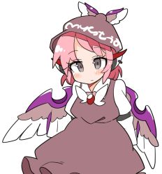 Rule 34 | 1girl, animal ears, arms behind back, bird ears, bird wings, blush, brown dress, brown hat, closed mouth, dress, earrings, grey eyes, hat, ini (inunabe00), jewelry, long sleeves, looking at viewer, mystia lorelei, pink hair, short hair, simple background, single earring, solo, touhou, upper body, white background, white wings, winged hat, wings