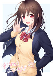 Rule 34 | 1girl, :d, absurdres, ahoge, blazer, blue jacket, blue skirt, bow, bowtie, breasts, brown hair, cardigan, highres, jacket, large breasts, long hair, looking at viewer, ochiai miyabi, open mouth, original, pleated skirt, red eyes, school uniform, shirt, simple background, skirt, smile, solo, white background, white shirt