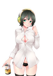 Rule 34 | 1girl, absurdres, alternate costume, black hair, black panties, black thighhighs, blonde hair, blush, breasts, cleavage, cleavage cutout, closed mouth, clothing cutout, green eyes, headphones, highres, holding, kaito hikaruto, kyomachi seika, large breasts, long sleeves, looking at viewer, panties, short hair, simple background, smile, solo, standing, thighhighs, underwear, voiceroid, white background