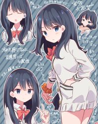 Rule 34 | 10s, 1girl, arrow (symbol), ass, black hair, blue eyes, blush, bow, bowtie, cardigan, closed eyes, commentary request, earphones, gridman universe, hand in pocket, hidejiu, long hair, long sleeves, looking at viewer, looking back, multiple views, open mouth, red neckwear, school uniform, scrunchie, smile, ssss.gridman, striped, striped background, takarada rikka, translation request, v, wing collar, wrist scrunchie