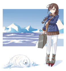 Rule 34 | 1girl, animal, bag, blue jacket, boots, braid, brown hair, brown skirt, buttons, closed eyes, closed mouth, day, double-breasted, glacier, highres, holding, ice, jacket, kantai collection, kazh (kazu), long hair, long sleeves, orange eyes, outdoors, pantyhose, pleated skirt, rudder footwear, seal (animal), single braid, skirt, souya (kancolle), standing, suitcase, water, whiskers, white pantyhose